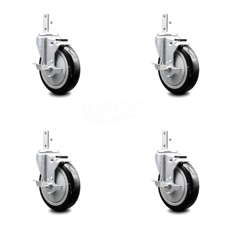 Service Caster 5 Inch Black Poly Wheel Swivel 3/4 Inch Square Stem Caster Set with Brake SCC SCC-SQ20S514-PPUB-BLK-TLB-34-4